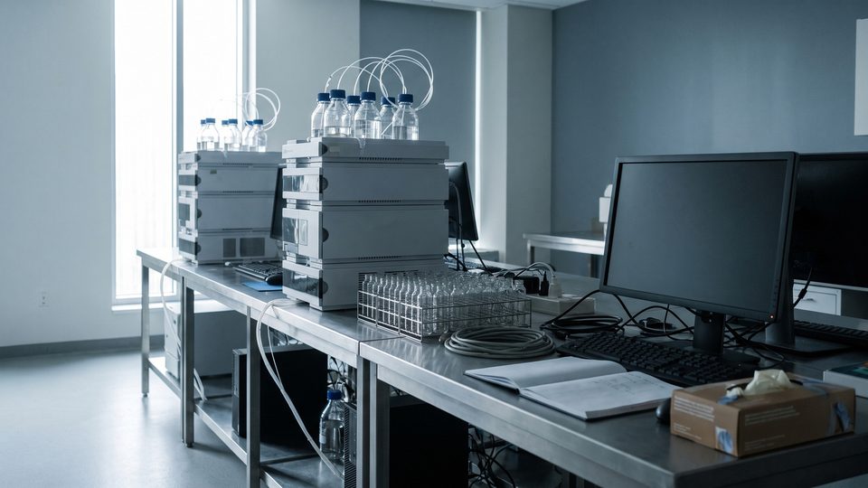Analytiklabor mit zwei Chromatographie-Geräten auf einer Edelstahlbank, davor ein Rack mit leeren Glasfläschchen.