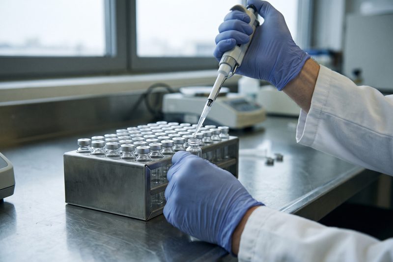 Behandschuhte Hände pipettieren eine klare Flüssigkeit in ein kleines Glasfläschchen, daneben ein Rack mit weiteren Fläschchen.